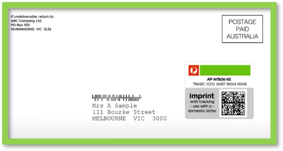 Sample Domestic letter with tracking imprint envelope